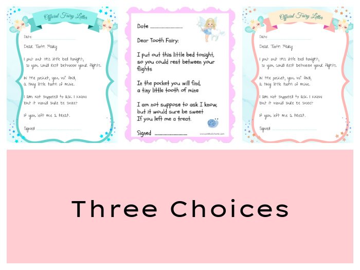 Three choices of Pretty Tooth Fairy Letters to go with a DIY Tooth Fairy Craft Keepsake that holds a tooth.