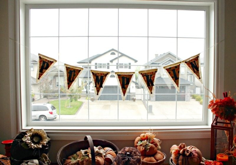 Large fall banner, this pumpkin banner is made using burlap and paper in traditional fall colours for fall decorating