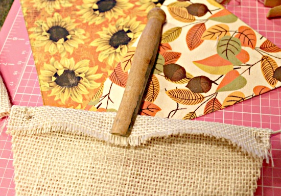 How to attach burlap to cording for a fall pumpkin banner craft project.