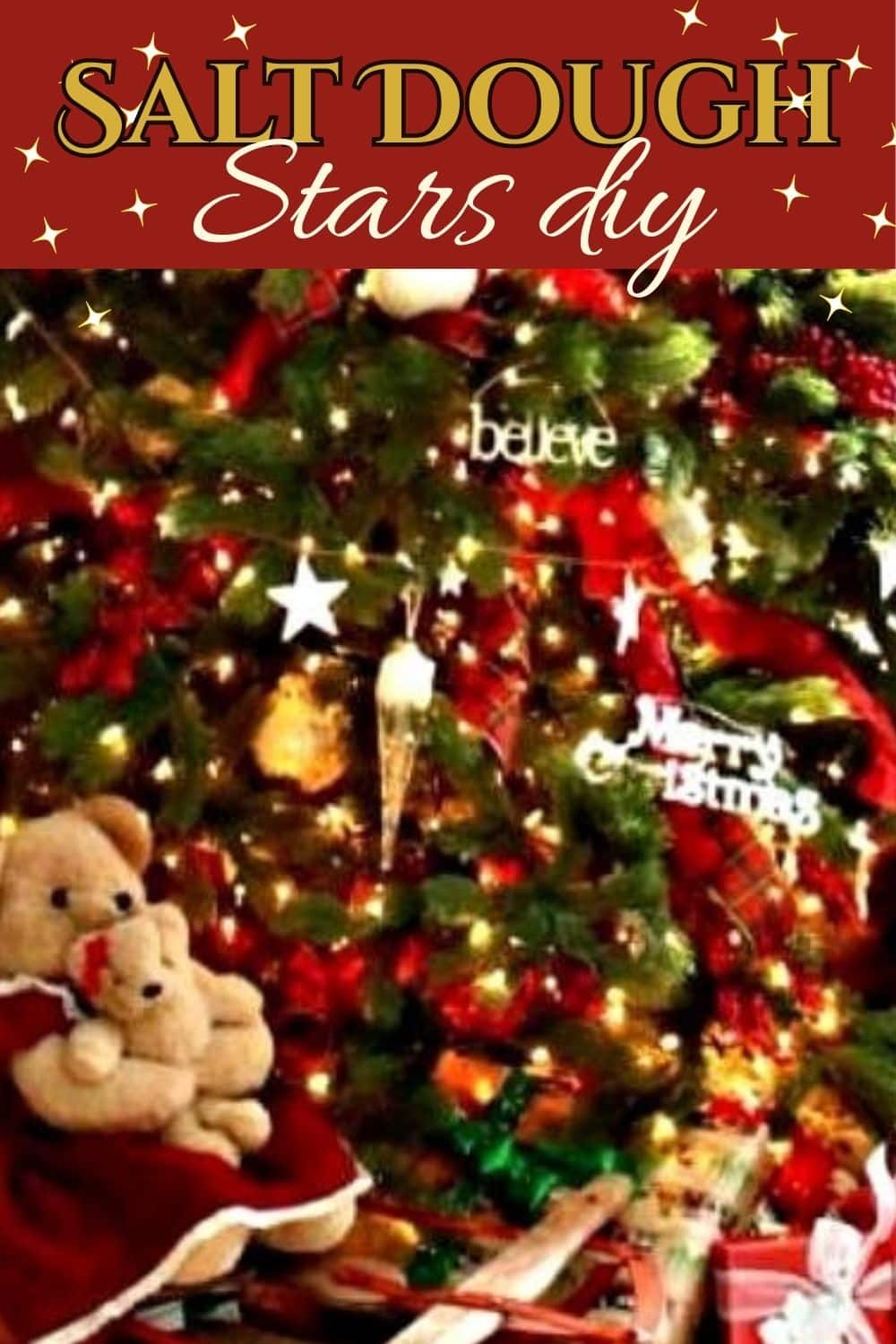 A closeup of a decorated Christmas tree with DIY salt dough garland stars hanging on it.
