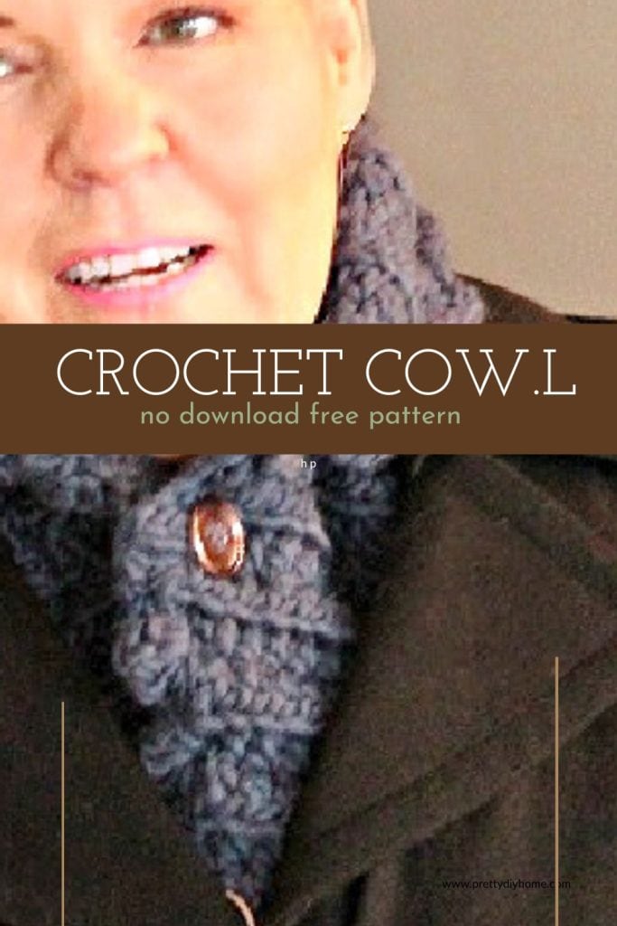 A closeup of a crocheted cowl in dark blue.  The crocheted cowl is made using a free crochet cowl pattern.