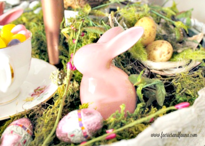 A miniature Egg hunt in a tiered tray display for Easter or Spring decorating.