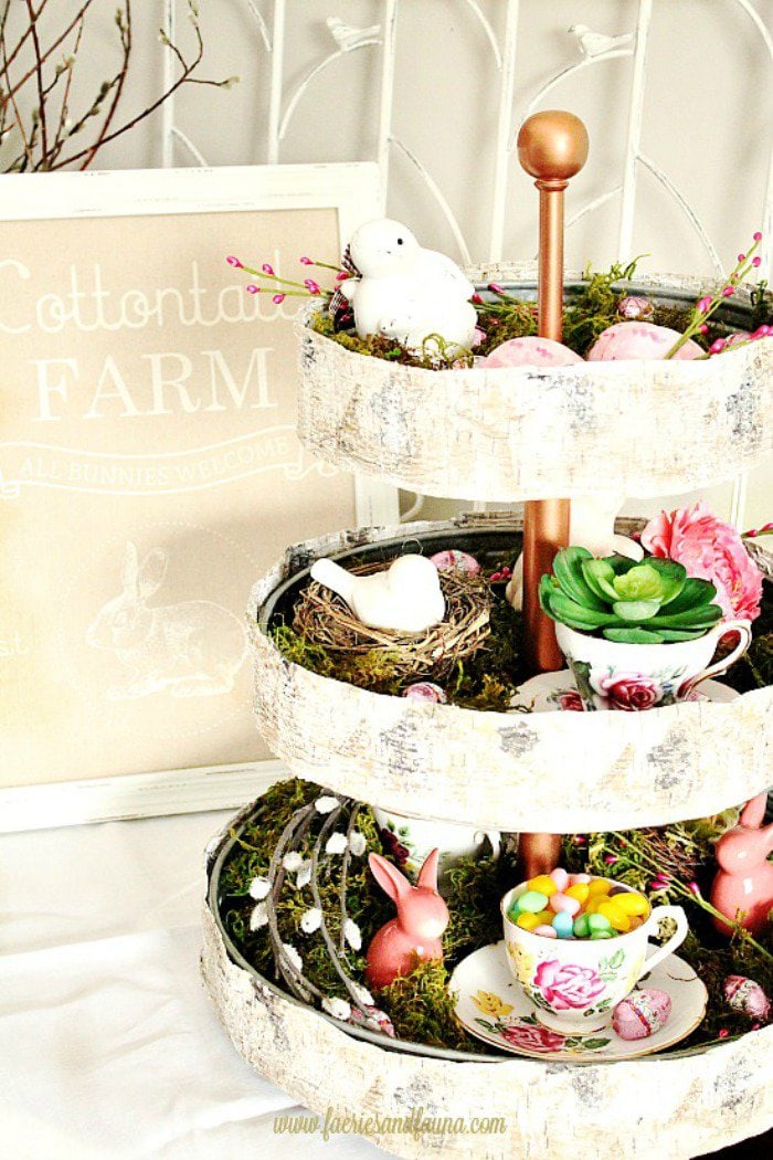 A tier tray decorated for Spring and Easter. Decorating for Spring on a budget with items you have on hand.