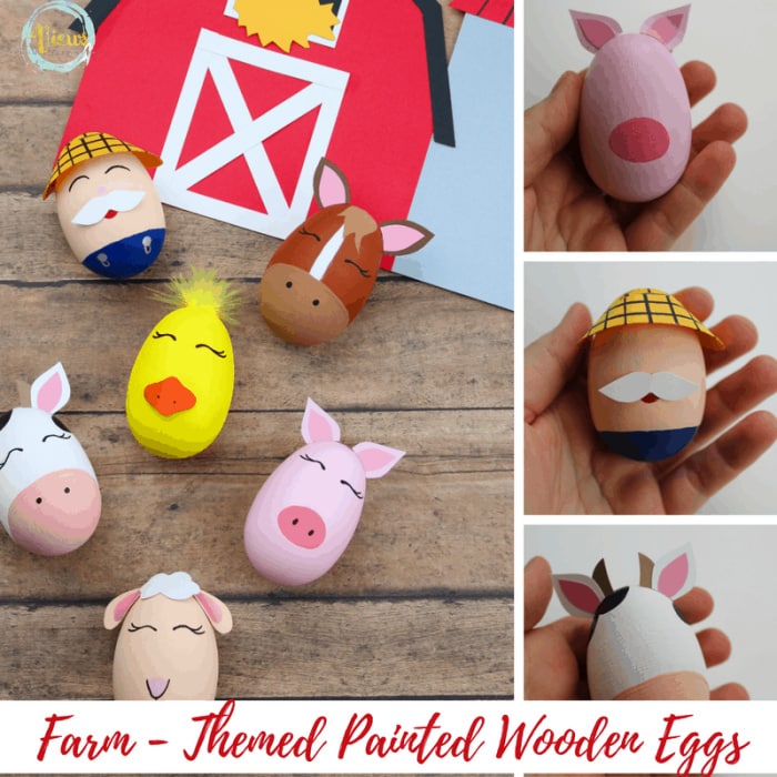 A collection of barned themed Easter eggs.  There are Easter eggs decorated as pigs, chickens, cows and lambs.