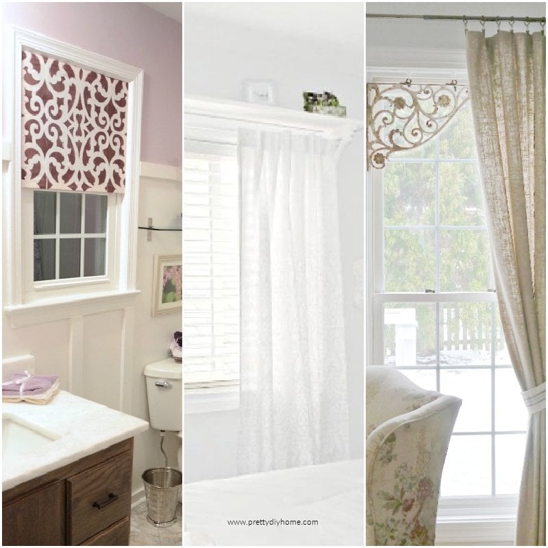 A collage of different DIY window treatment ideas including a metal cornic, a wooden shelf that holds a curtain rod, and diy blinds.