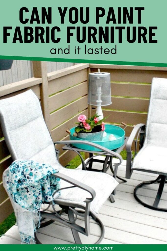 This pin asks if you can paint fabric furniture and shows the finished outdoor patio set.