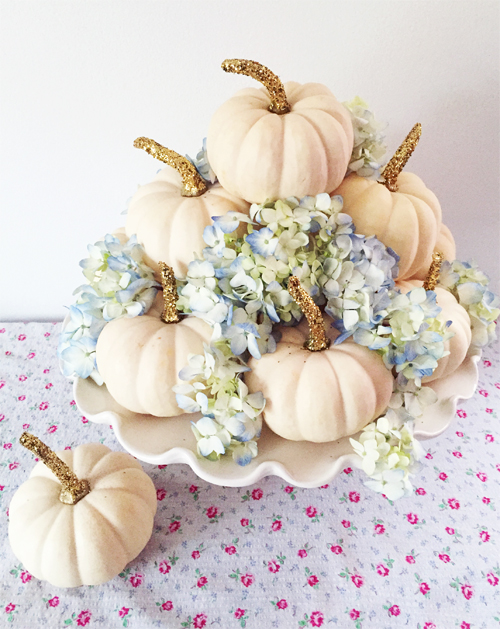 Elegant pumpkin arrangement with hydrangeas, an elegant fall decor tutorial.