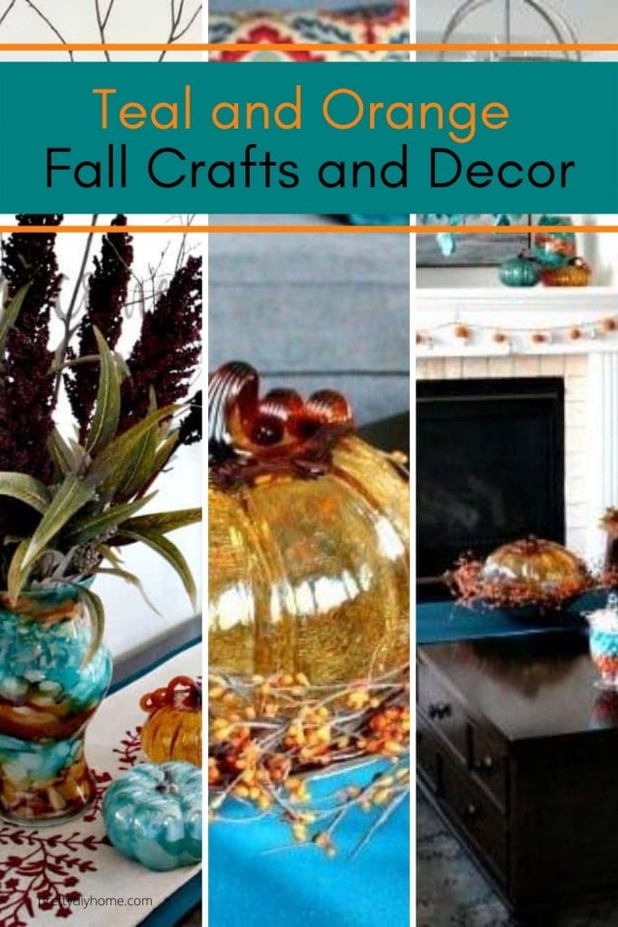 Fall Crafts in Teal with Orange Pumpkins and Fall flower arrangements.