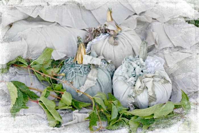 Gorgeously elegant fall pumpkins with fabric and brush gold stems