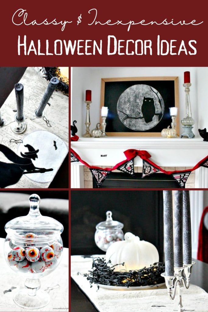 A collection of classy Halloween decor in a livingroom including metalic pumpkins,red velvet banner, chalkbaord art and silver candlesticks.