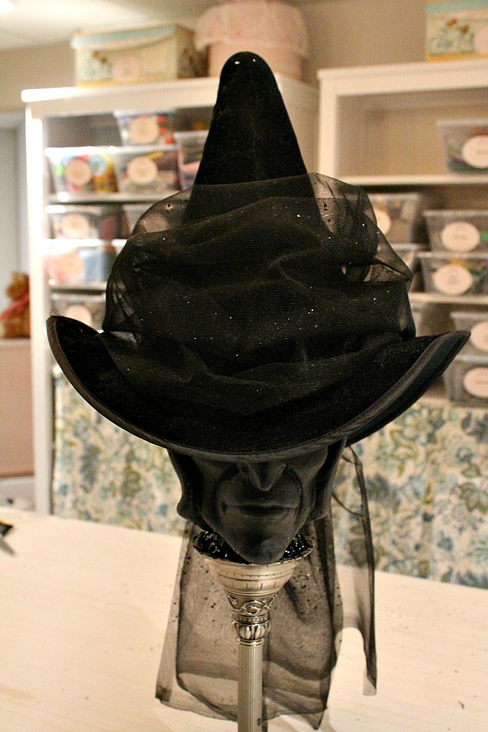 The front of a DIY witch hat Halloween decoration.