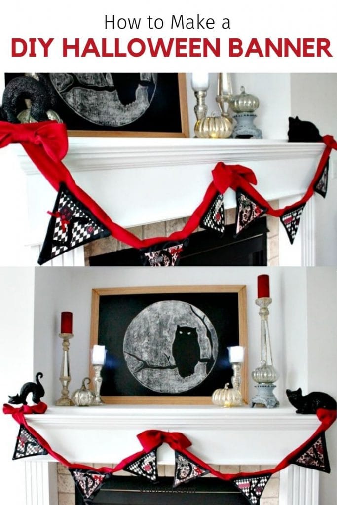 A Halloween banner hanging on a Halloween mantel. This DIY Halloween decoration is not scary and is pretty to hang.