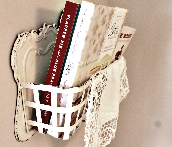 Cookbooks in a pretty metal farmhouse shelf basket. farmhouse kitchen, farmhouse style kitchen, farm style kitchen,farmhouse kitchen accessories