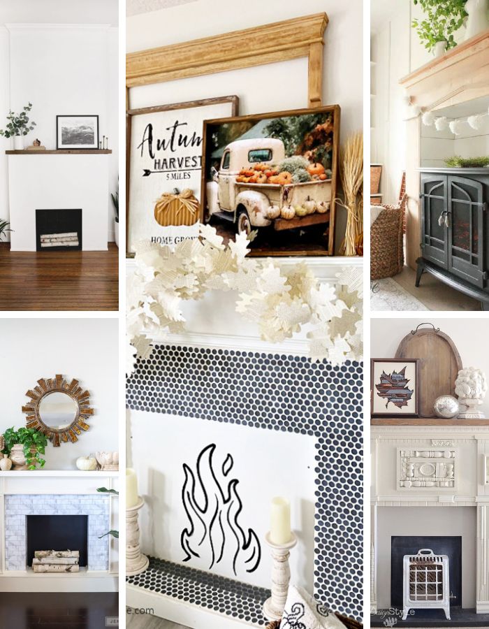 Five of 14 different faux fireplace surrounds, each one has a mantel, a surround and are neutral colored.