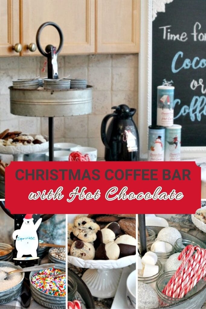 Christmas coffee bar with hot chocolate, candy canes, marshmallows, cookies, and festive toppings.