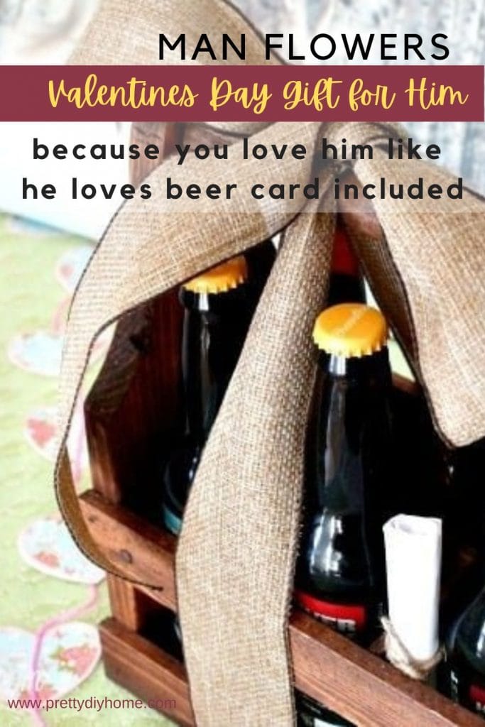 A closeup of a case of beer ties with a ribbon and a Valentines card attached. An easy to man Valentines day gift for a boyfriend.