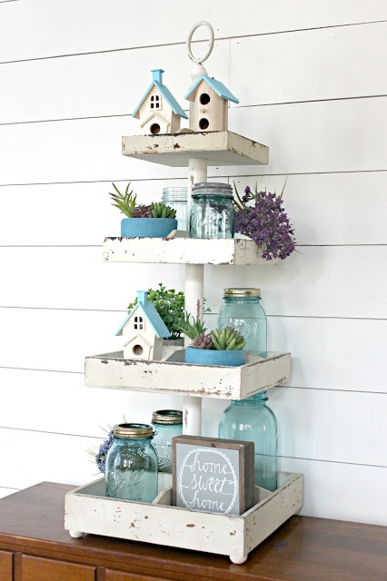 A pretty aqua turquoise themed  DIY  tiered tray for Spring decorating