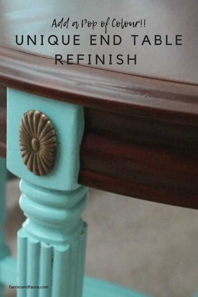 A brown and aqua coffee table furniture makeover idea.