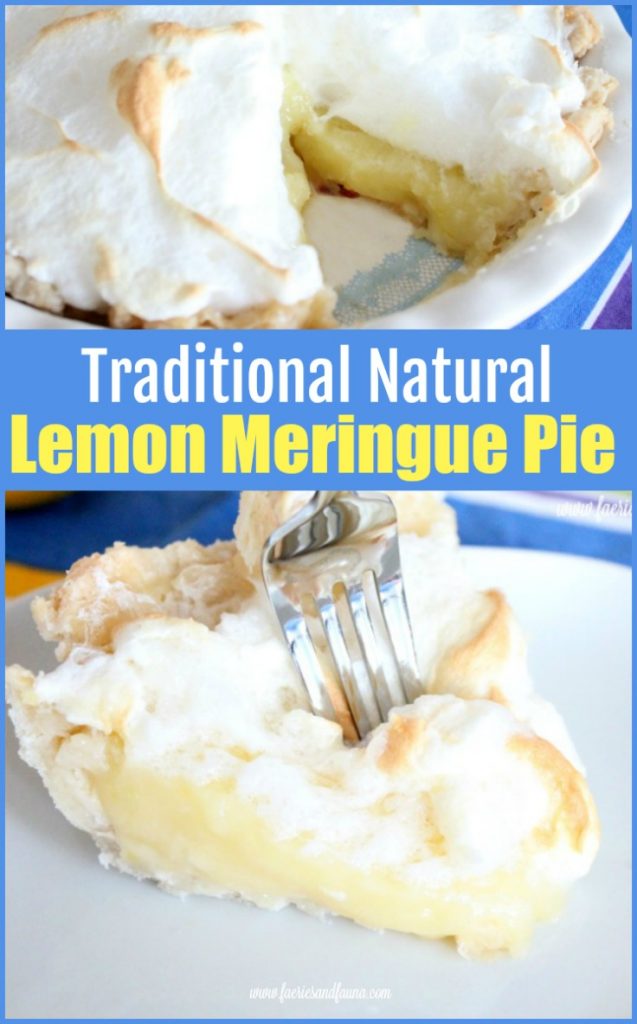 Lemon Meringue Pie collage with a slice of all natural lemon meringue pie.
