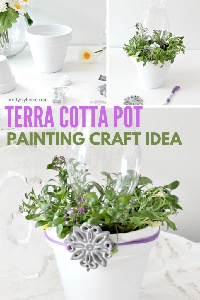 Terracotta pot painting craft idea into a lantern with white paint and real small flowering plants for outdoors.