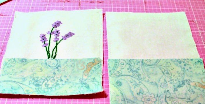 Aligning blue fabric on the back of a lavender sachet to match the front.
