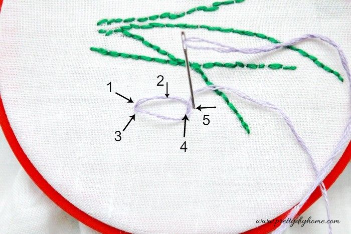 Creating lavender blossoms using a lazy daisy stitch in embroidery.