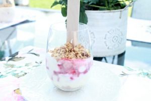 No bake dessert parfait with strawberries, vodka, cream cheese and granola.