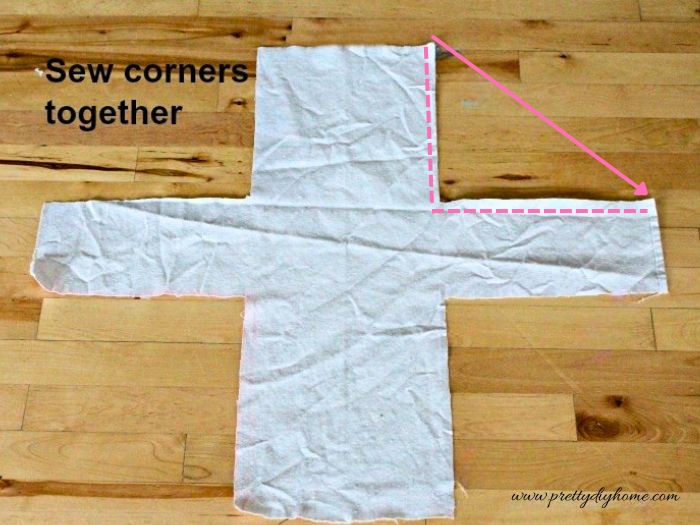 The cut fabric pieces are sewn together at the corners to form the shape of a basket liner.