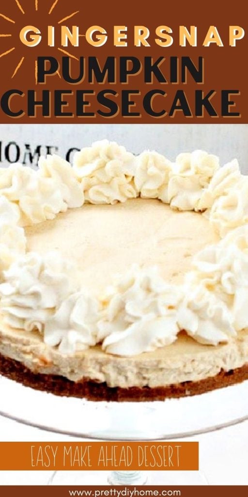 The top view of an entire no bake pumpkin cheesecake with large swirls of whipped cream.  Each swirl is covered with cinnamon sugar sprinkles.