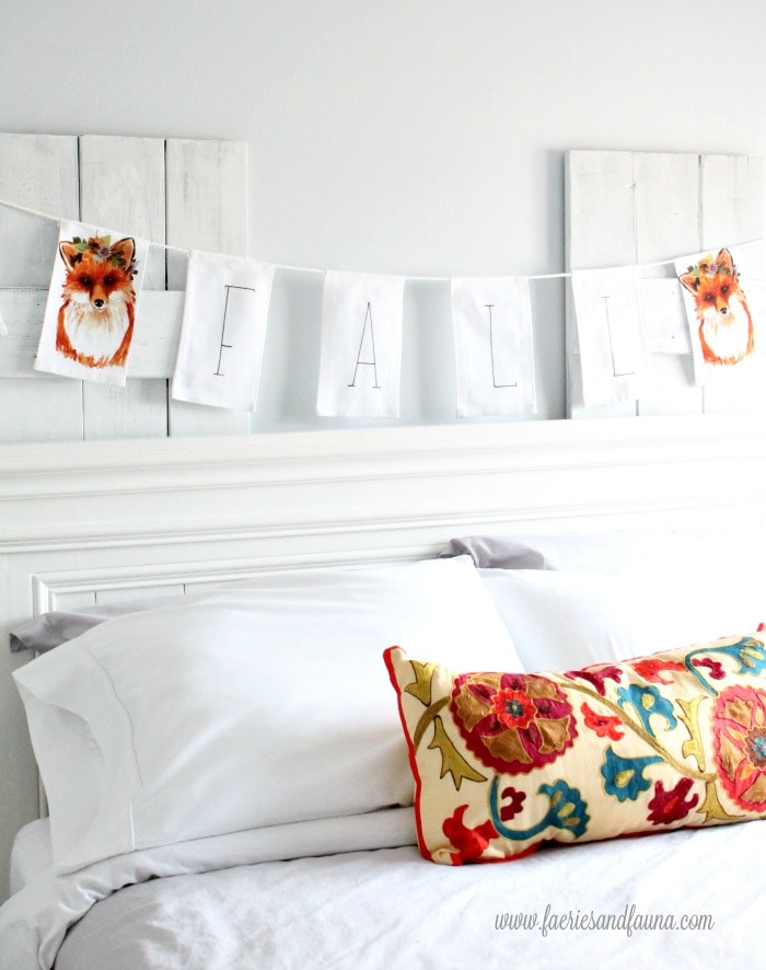 Bedroom with fall banner that is perfect for indoors or for fall front porch.