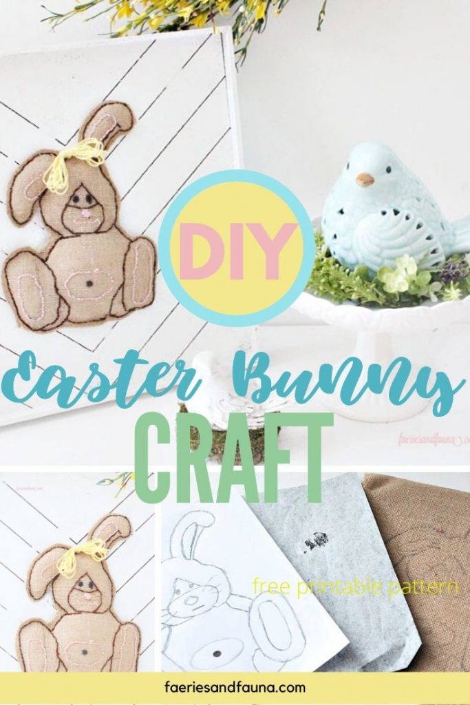 A Easter Bunny Craft made with burlap, embroidery and placed on a farmhouse wood sign.