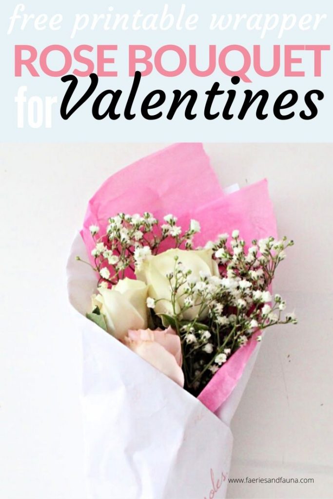 A Valentine rose bouquet tutorial with with roses, baby breath, pretty crepe paper and a free printable floral wrapper for Valentines day or Galentines.