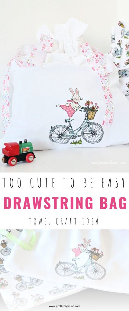 Pretty DIY Drawstring bag with a pink bunny on a bicycle embroidery stamp and floral string.