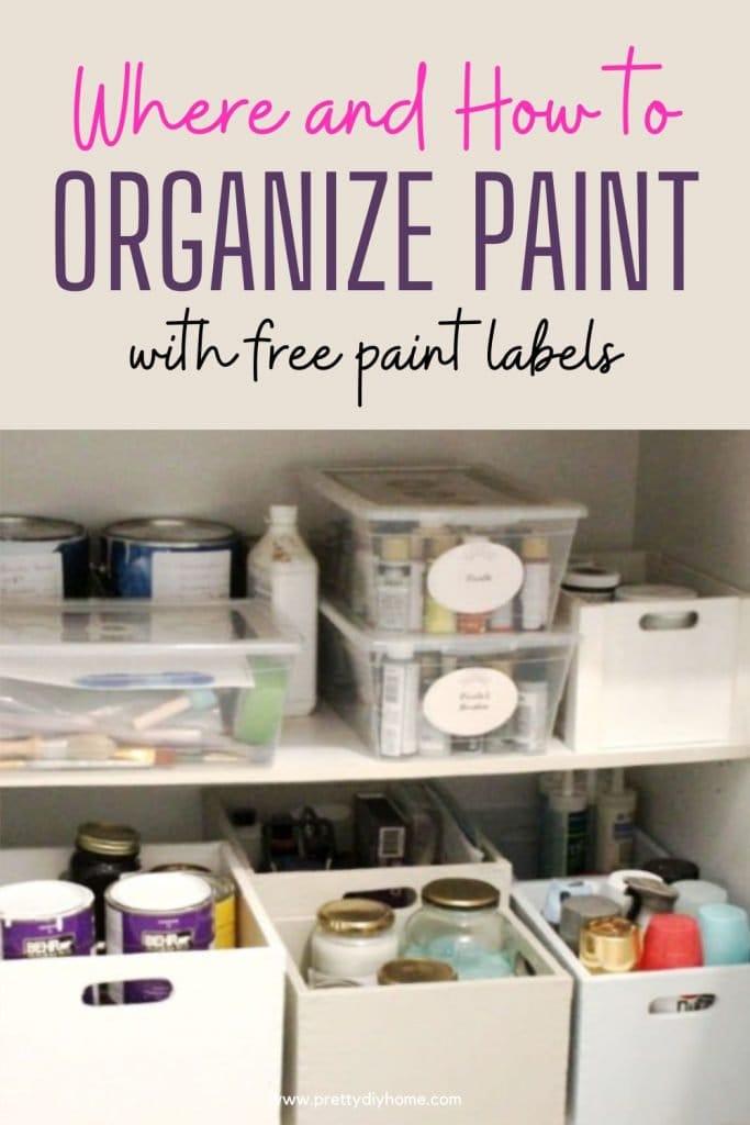 A paint cupboard with nicely organized paints all with pretty printable paint labels