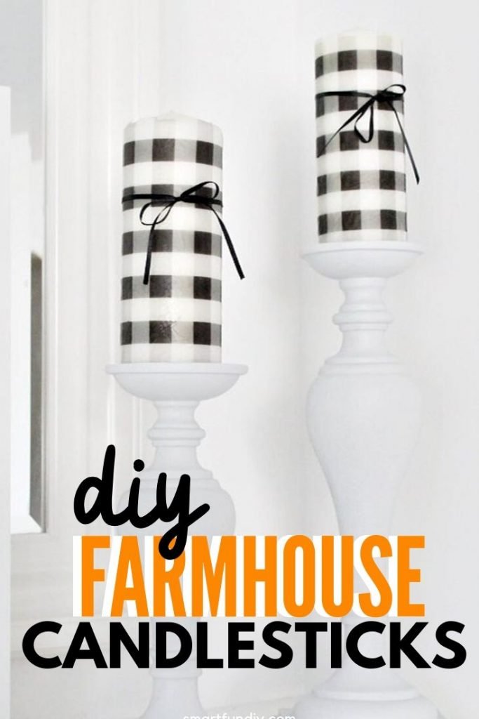 Farmhouse candlesticks made from thrifted candlestick a nd given DIY buffalo check candles for farmhouse deocr.