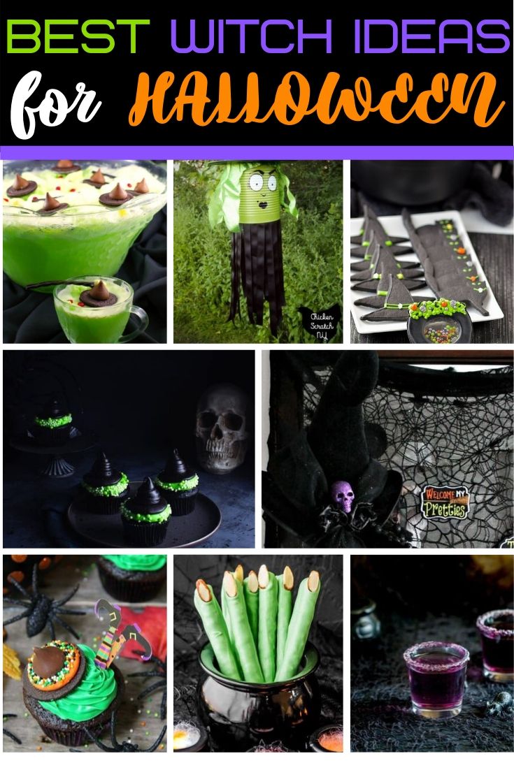 40 different Halloween witch idea, halloween witch decorations, and witch themed halloween recipes. There is a stuffed witches hat, witch cookies, witches brew, a witch windsock .