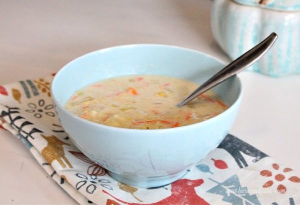 Bowl of chicken noodle chowder vegetarian soup recipe Easy chicken noodle and creamy corn soup recipe.
