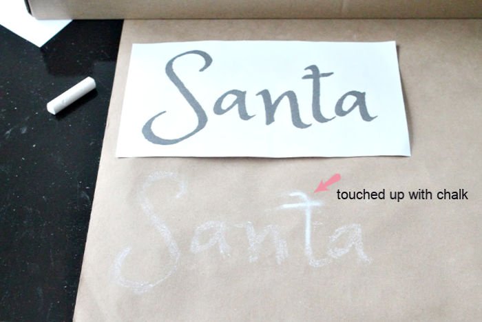 Chalk transfer on DIY Paper Scroll art for Christmas