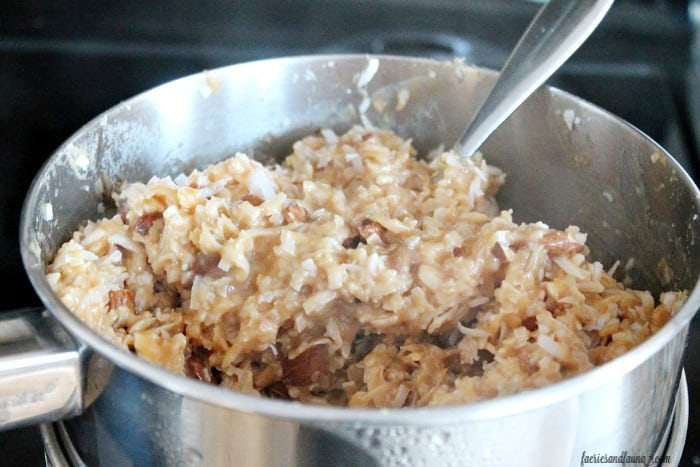 Caramel coconut macaroon filling mixed and ready to spoon onto the shortbread cookies.