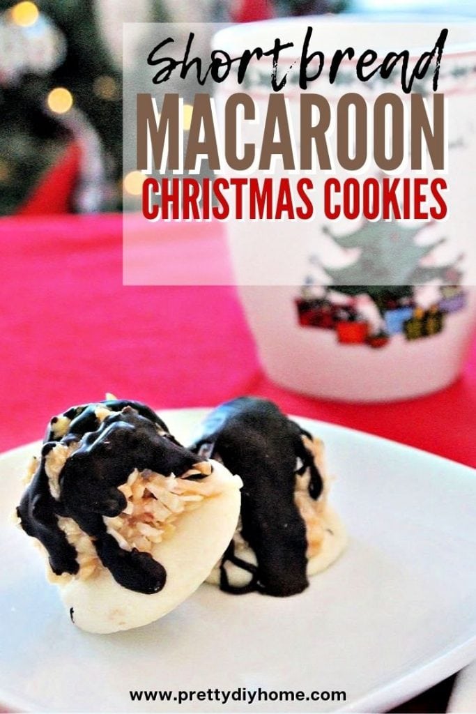 Shortbread Christmas cookies with caramel coconut macaroon filling and chocolate drizzle.