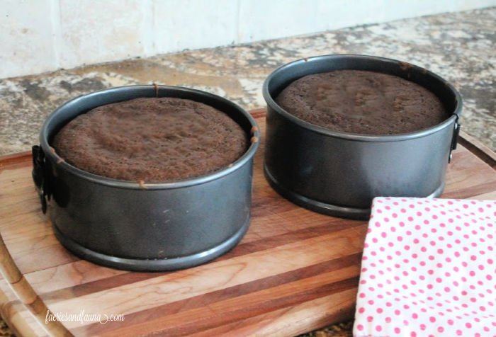 Two small chocolate cake layers in springform pans, cooling on a wooden cutting board before being make into a Valentines dessert.