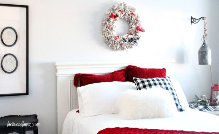 A farmhouse guest bedroom decorated for Christmas