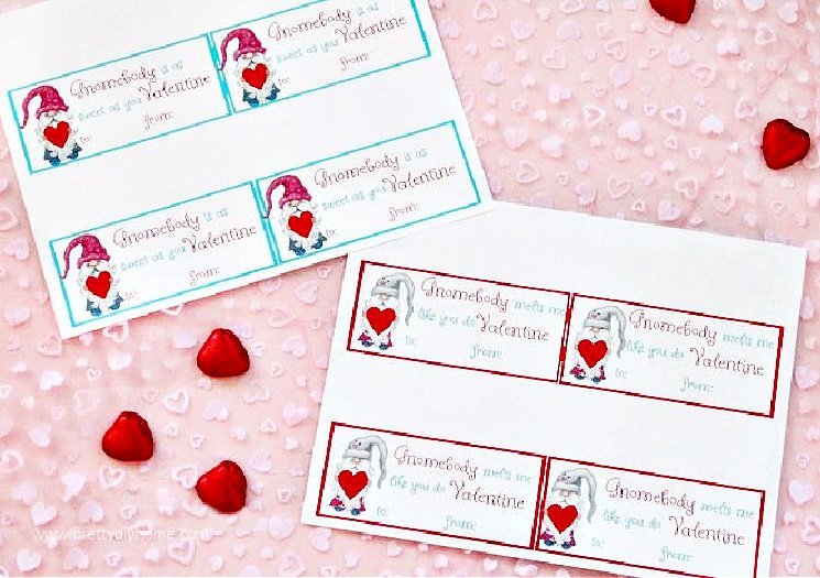 Pink and blue gnome Valentine treat bag printables for Valentine's Day