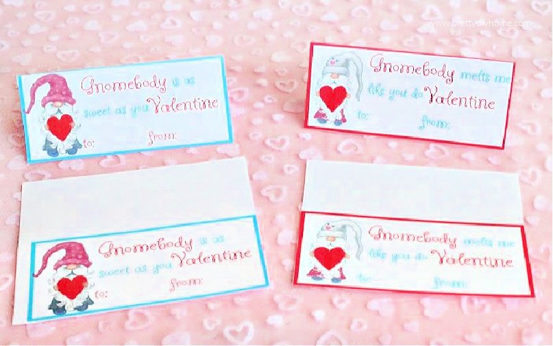 Red and blue gnome Valentine treat bag printables.