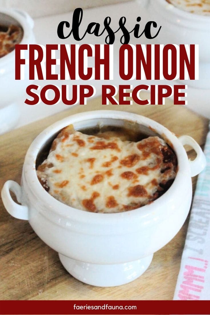 Homemade french onion soup recipe in a bowl with melted cheese.