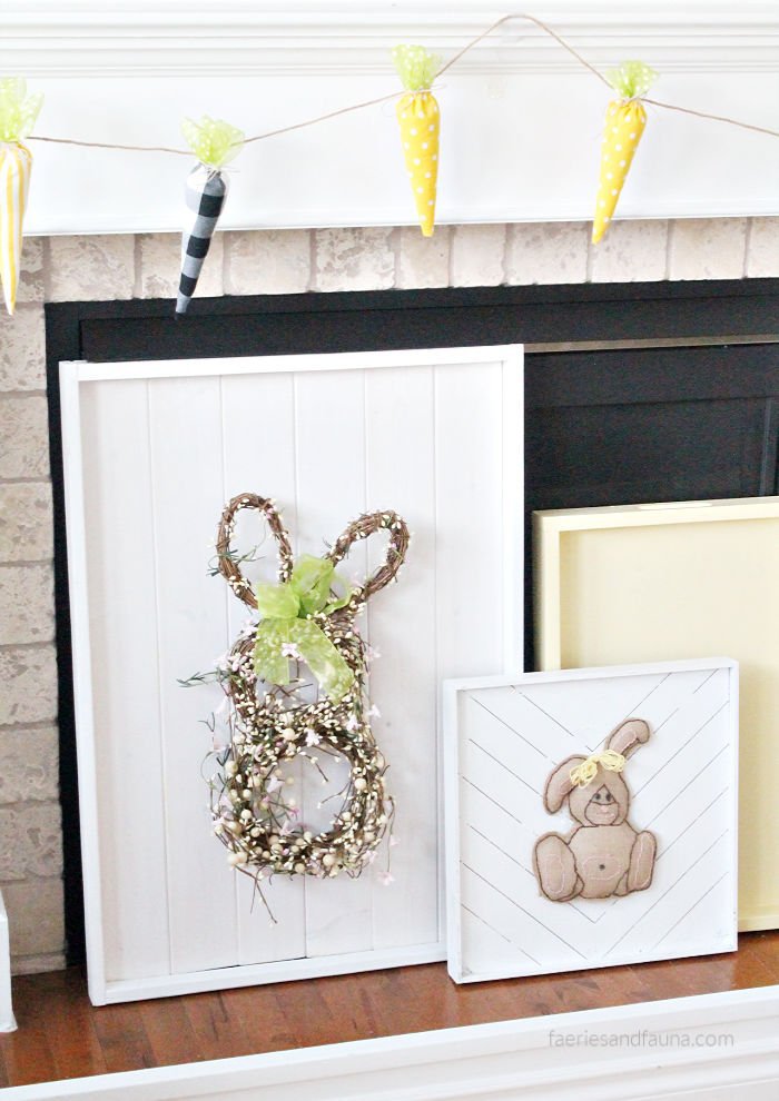 DIY Easter decor using shiplap and Easter bunny wreath to cover the front of a fireplace.