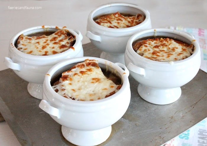 French onion soup that has been broiled so the cheese melts.