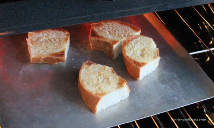 Toasted french bread for making french onion soup.