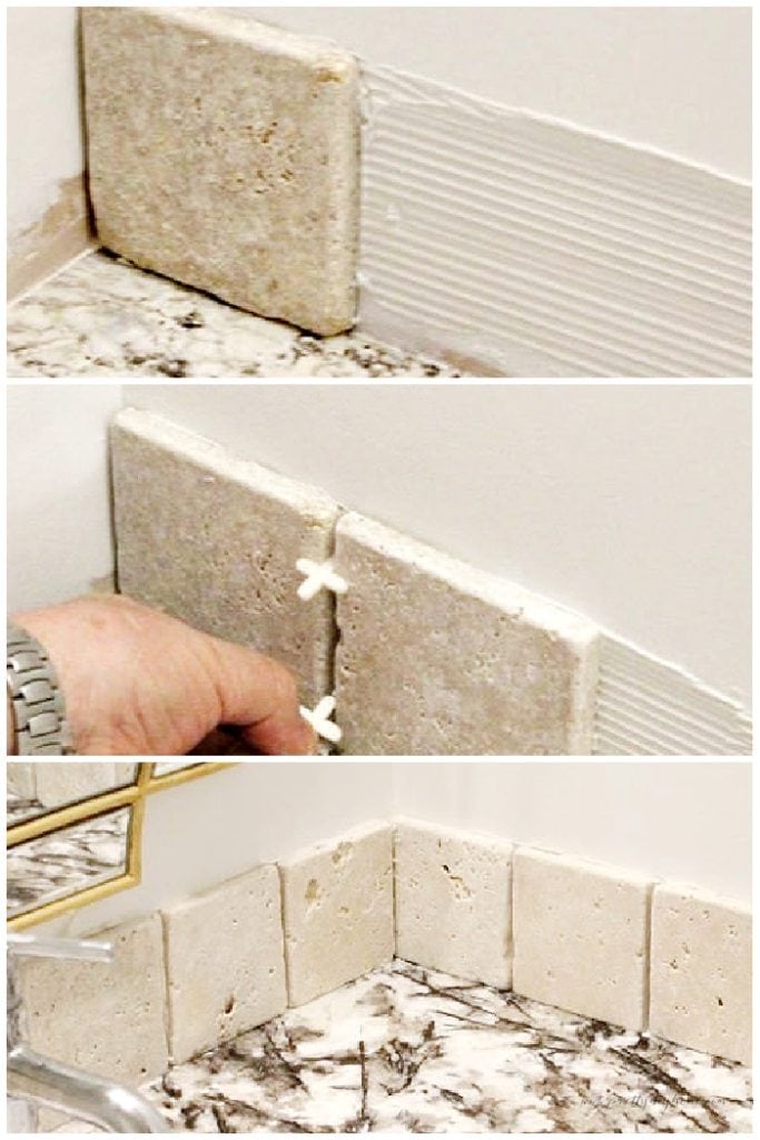 Collage of 3 steps needed to add tile to a kitchen backsplash.  Apply adhesive to wall, then add next tile and tile spacers, let dry overnight, remove spacers ready for grout.