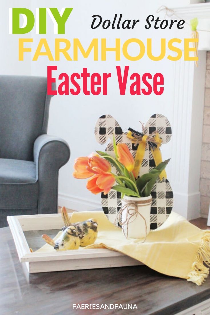 DIY Easter Centerpiece with Buffalo Check Easter Bunny, mason jar vase and tulips.